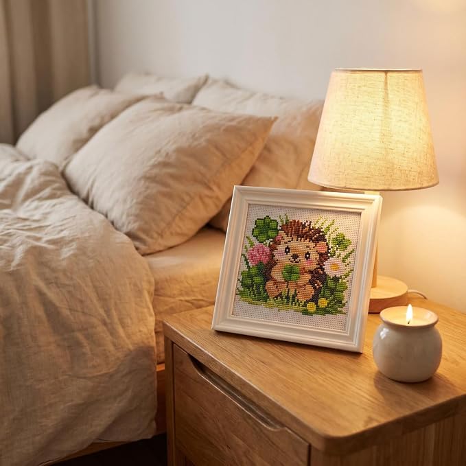 Hedgehog Clover Stamped Cross Stitch Kits for Beginners Adults with Framed | Flowers and Grasses Needlepoint Counted Cross Stitch Kits for Beginners Adults Embroidery Kits Arts and Crafts 6 x 6 inch