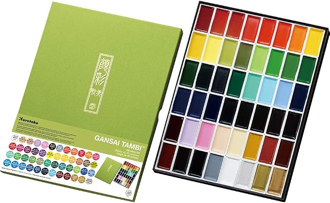 Kuretake Gansai Tambi Watercolor Paint Set, 48 Colors, Made in Japan | 48 vivid opaque colors, non-granulating pigment, large pans, palette & color chart, Professional Use, Artist Grade