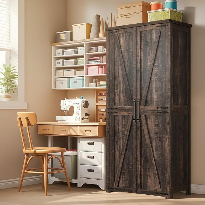 NEWOWNDS 72" H Craft Storage Cabinet with LED Lights | Adjustable Shelves Sewing Organizer, Multi-Purpose Sewing Cabinet for Craft Room/Home Office Storage,Brown