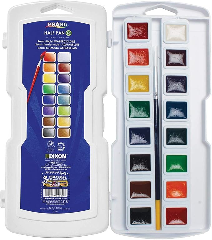 Prang Half Pan Watercolor Set, 16 Assorted Colors and 1 Brush | Perfect for painting, art lessons, crafts and creative projects