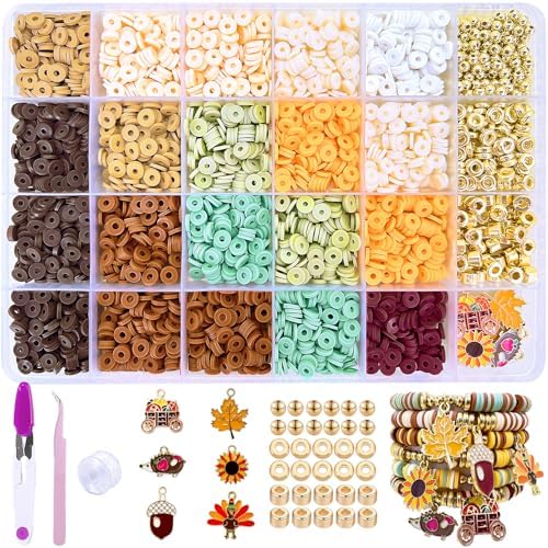 MIIIM Fall Clay Beads Kit for Bracelets Making, Heishi Beads for Friendship Bracelet, Thanksgiving Clay Charms and Gold Spacers for Jewelry Making, Crafts, Concert, Raves, Gifts
