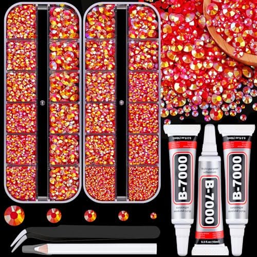 Resin Jelly Rhinestones for Crafting with B7000 Jewelry Glue, 2 Boxes Red AB Flatback Crystals with 3Pcs 10ml Glue, Bedazzling Non Hotfix Gems for DIY Tumblers Clothing Shoes Manicure