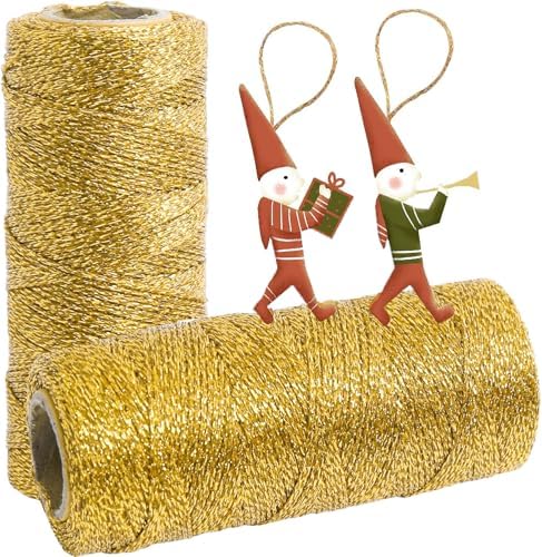 Gold String Twine 658 Feet 1.5mm for Ornaments Christmas String Twine for Gift Wrapping Inelastic Glitter Gold Cording for Crafts Thread Wedding DIY Decoration