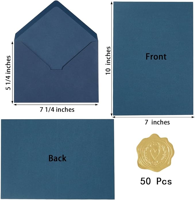 50 Pack Navy Blue A7 Envelopes with Cards and Gold Stickers, 5x7
