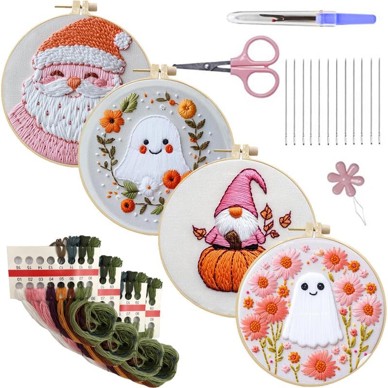 LB Cute Halloween Embroidery Kit for Adults & Beginners - 4-Piece DIY Cross Stitch Starter Kit with Ghost, Pumpkin, Floral Designs (Pink/Orange), Hoop, Threads, Needles
