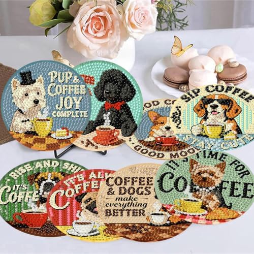 8 Pack Diamond Art Coasters, Coffee Dog Diamond Painting Coasters