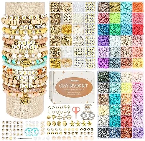 Pizooro Clay Beads 3 Boxes Bracelet Making Kit, 10500pcs Beads for Jewelry Making, Round Letter Beads with Charm and Elastic Strings, Friendship Bracelets Holiday Gifts for Girls Adults