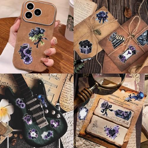 50Pcs Vintage Stickers,Waterproof Transparent PET Aesthetic Decorative Scrapbooking Supplies for Adult Card Making Letters Planner Journaling Junk Journal DIY Water Bottles Art Craft.Black Rose
