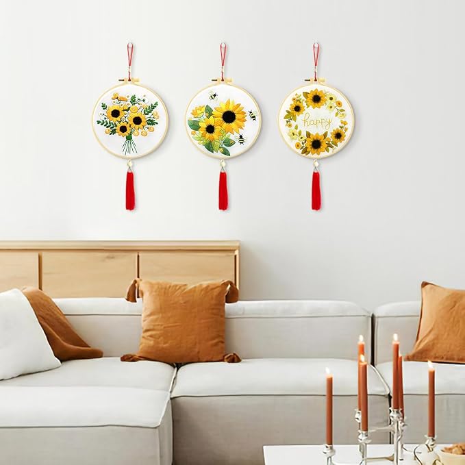 Zhenqing Sunflower Embroidery Kit 3 Designs | 11.4"x11.4" Beginner-Friendly Hand Embroidery Set with Hoop & DMC Threads | DIY Home Wall Decor, Mindful Gift for Mothers Day C0005