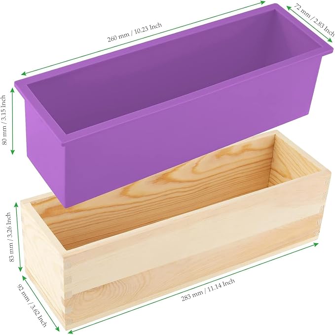 3PCS 47oz Silicone Soap Kit, Purple Rectangular Silicone Loaf Soap Making with 3 Wooden Boxes and 3 Lids, DIY Supplies for Soap Making