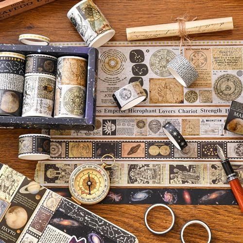18 Rolls Vintage Washi Tape Pack Retro Arts Adhesive Tapes Wide Monologue Decorative Masking Tape Sets for Craft, Kids, Scrapbook, DIY, Gift Wrapping (Universe Milky Way)