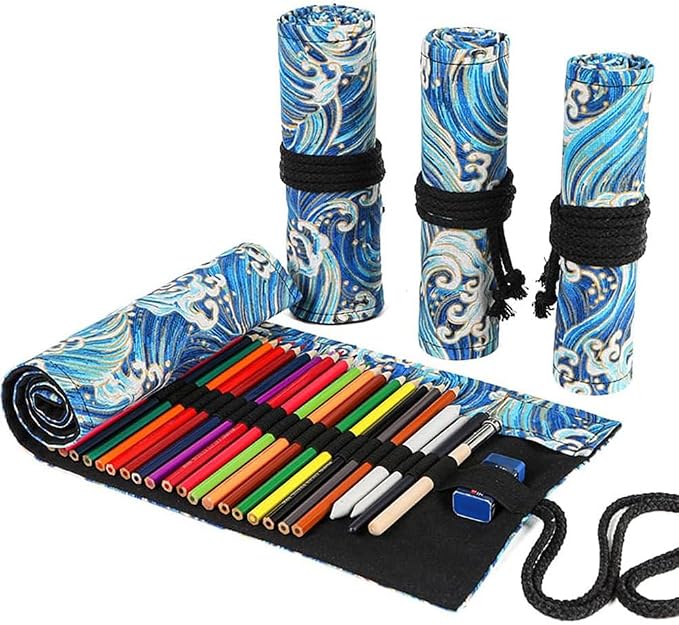 DIYOMR 12/24/36/72 Slots Pencil Wrap Pencil Rolls，Artist Colored Pencils Roll Up Bag Short Brushes Pouch Case Pencils Organizer Drawing Coloring & Sketching，No Pencils (Blue Ocean，12slots) (PCD1098)