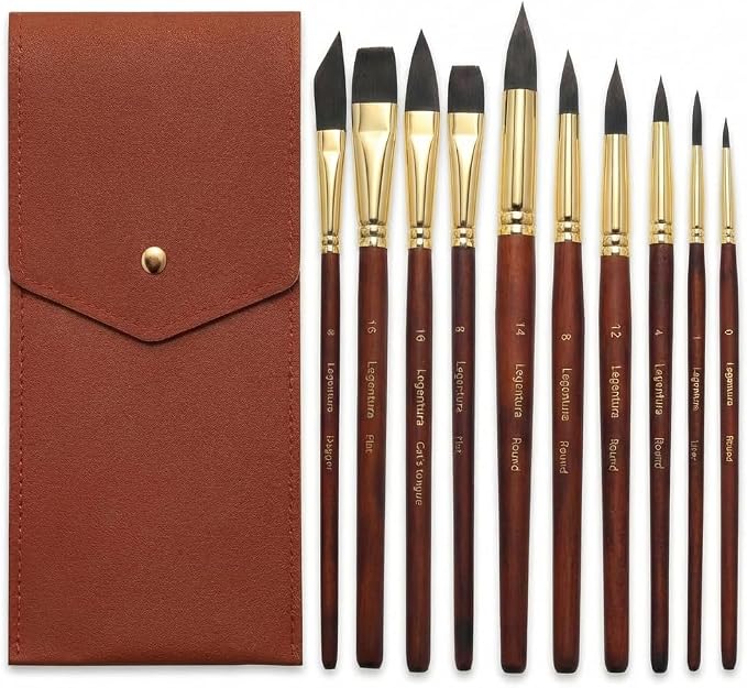 Professional Watercolor Paint Brush Set - 10 Pcs Synthetic Squirrel Art Brushes with Leather Case for Travel, Round, Liner, Flat, Dagger & Cat’s Tongue for Gouache, Ink & Acrylic