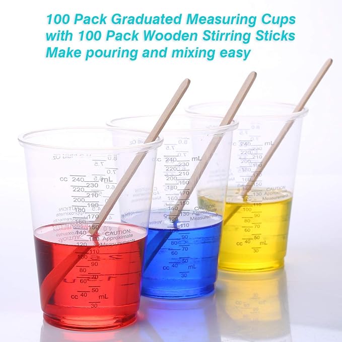 XUXU 50pcs 8oz Graduated Clear Plastic | Measuring Cups with Wooden Stirring Sticks for Mixing Paint Pigments Epoxy Resins Resins