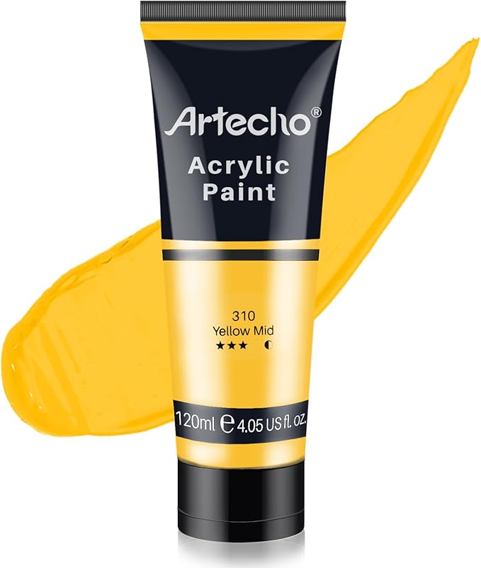 Artecho Yellow Acrylic Paint, Yellow Mid Paint (120ml / 4.05oz) Tubes, Art Craft Paints for Canvas, Rock, Stone, Wood, Fabric, Art Supplies | Semi Glossy Finish, High Pigment Rich Color Craft Paint for Canvas, Rocks, Wood, Fabric, Ceramic, Non-Toxic