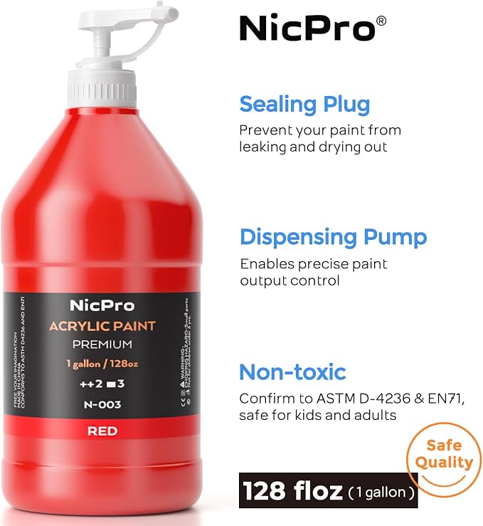Nicpro 6 Colors Bulk Acrylic Paint Set, 128 oz/1 Gal Art Painting Supplies