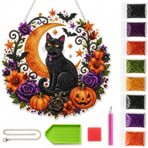 Silkivana Halloween Black Cat Moon Diamond Art Hanging Ornament Kit, Double Sided Faceted Rhinestone Suncatcher, DIY Window Hanging Pendant Decor for Indoor & Outdoor Home Wall Craft