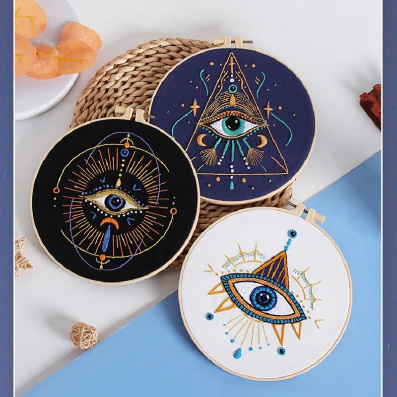 Konrisa 3 Pcs Embroidery Kits with Tarot Cards and Eyes Pattern, Stamped Embroidery Starter Kit for Beginners Adults Needlepoint Kits DIY Sewing Cross Stitch Practice Kit Home Decoration