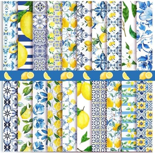 HunnmingRe 20 Pcs 10''x10'' Mediterranean Lemon Quilting Fabric Squares