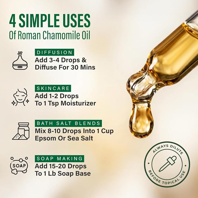 100% Pure Roman Chamomile Essential Oil 4 Fl Oz - Chamomile Oil for Skin | Undiluted Italian Chamaemelum Nobile for Hair, Diffuser, Aromatherapy, Relaxation and Skincare Rituals