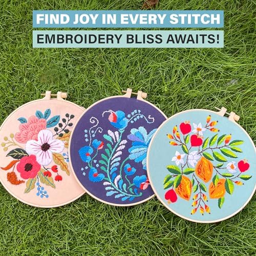 Colorful Flowers Embroidery Kit for Beginners – DIY Hand Embroidery Set with 3 Hoops, Stamped Patterns, Needles, Thread, Scissors – Floral Embroidery Kit for Adults, Teens, Women, Craft Lovers