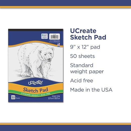 UCreate Sketch Pad, Standard Weight, 9" x 12", 50 Sheets | Supports classroom learning, crafts and creative activities