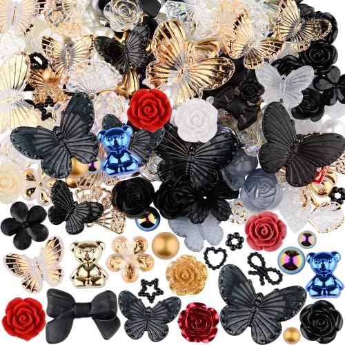 350 Pieces 3D Resin ABS Colorful Rose Flower Bows Butterfly Charms with Flatback Half Round Pearl Beads for Bracelet Earring Necklace Craft DIY Making Supplies