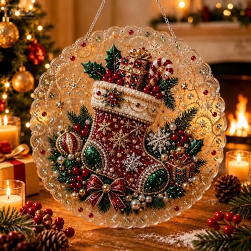 Cheerdox Christmas Pearl Diamond Arts Suncatcher DIY Kit, 5D Diamond Pearl Art Painting Acrylic Round Board with Lace Edge, Christmas Diamond Art Beads Craft Kit for Holiday (Style F)