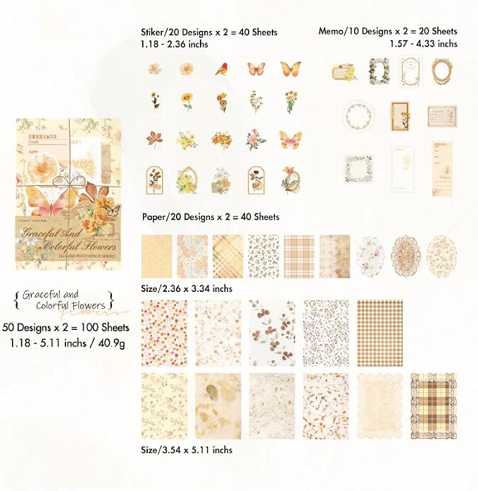 OKUPAN Vintage Floral Scrapbook Paper & Journaling Stickers (100pcs) Assorted Set (Yellow) - Scrapbook Supplies for Bullet Journaling, Retro Crafts, Planner, Mixed Media, Card Making