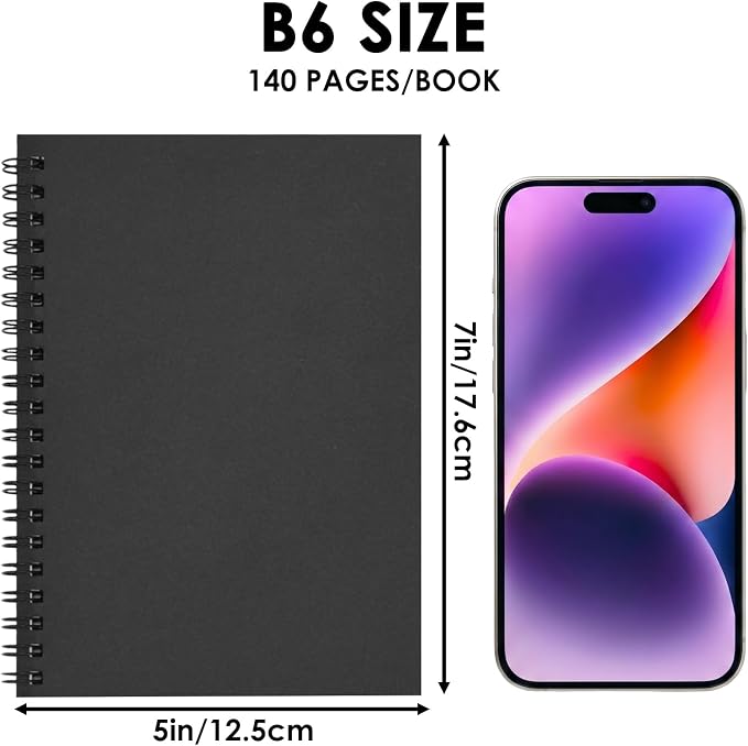 EOOUT 3 Pack Blank Spiral Notebooks B6 Sketchbooks, 140 Pages / 70 Sheets, Unlined Journals 5 x 7in 100GSM for Drawing, Art, Students, Office (Black)