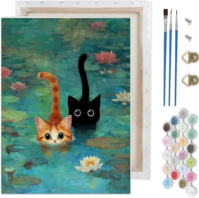 TCDZMYGS Pond Cat Paint by Numbers Kit for Adults Beginner,10x12 in | Paint by Number for Beginner,Adult Paint by Number,HD Color Canvas,DIY Tool Kits,Stress Relief Craft,Great Gift,With Frame