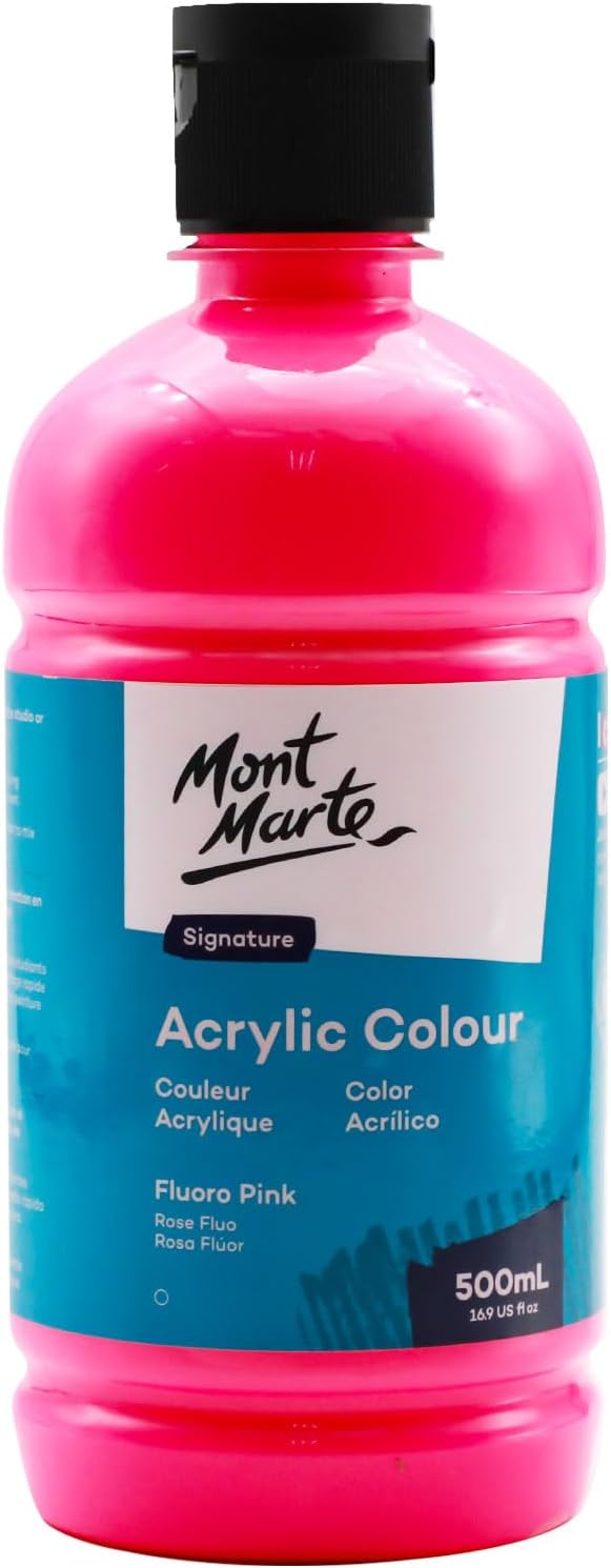 Mont Marte Signature Fluoro Pink Acrylic Paint, 16.9oz (500ml), Semi-Matte Finish, 12 Colors, Suitable for Canvas, Wood, Fabric, Leather, Cardboard, Paper, MDF and Crafts