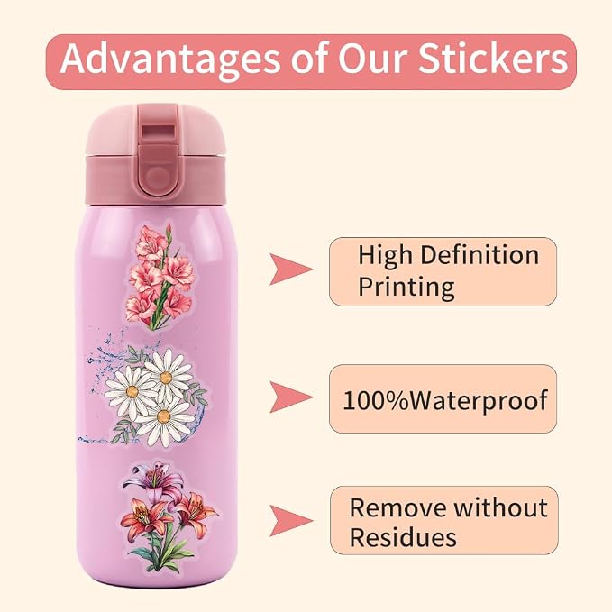 60Pcs Nature Flower Botanical PET Stickers Waterproof Aesthetic Floral Scrapbook Craft Decorative Stickers for Journals,Planners,Adults,Students, Teachers, Sticker Collectors, DIY Lovers..(Flower)