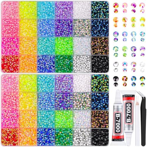2 Boxes 3mm+4mm Jelly Rhinestones for Bedazzling, 25000Pcs Multicolor Flatback Resin Gems for Crafting, Bedazzler Kit with 2Pcs 10ml B7000 Jewelry Glue for DIY Crafts Book Fabric Decor Nail Art