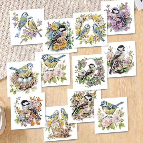 C'eitura 12Pcs Bluebird Diamond Art Painting Greeting Card Kit with Envelopes, DIY Bird Theme Christmas Birthday Thanksgiving Card Making Set, Nature Inspired Handmade Card Craft
