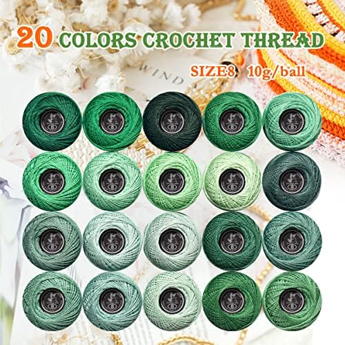 Soft 20 Colors Classic Crochet Thread 20 Pack,100% Cotton (Emerald Green-562-3818)