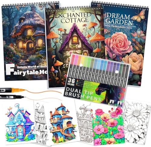 3Pcs Spiral Adult Coloring Book for Women Relaxation with 36 Colors Markers