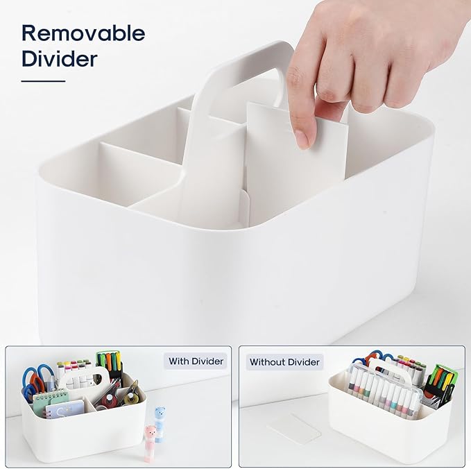 Multiuse Caddy Organizer with Handle, Portable Divided Plastic Tote Bin - Art Craft, Stationary Pen Marker Crayons, Makeup Hair Supplies Storage - Bathroom, Classroom, Dorm, Office, Desk Holder -White
