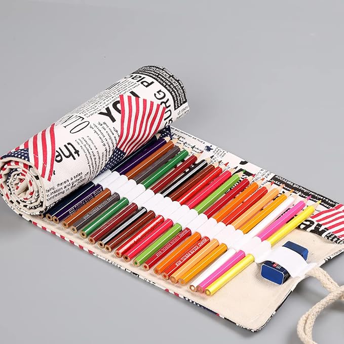 DIYOMR 24/36/72 Slots Pencil Wrap Pencil Rolls, Artist Colored Pencils Roll Up Bag Short Brushes Pouch Case Pencils Organizer for Drawing Coloring and Sketching,No Pencils (Flag, 24slots)