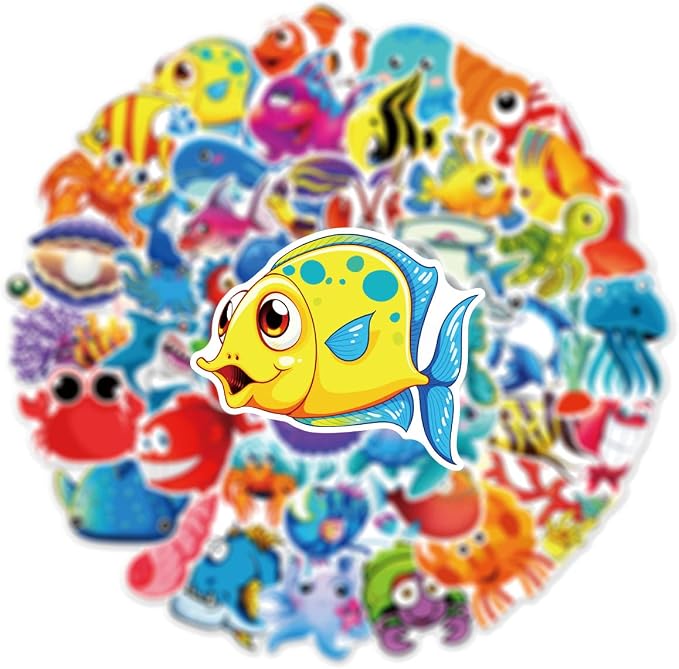 60Pcs Cute Sea Animal Stickers, Waterproof Vinyl Kawaii Ocean Creature Stickers for Water Bottles, Laptop, Phone Case, Scrapbook, No Residue Sea Life Decals for Teens, Adults(Cartoon Sea Creature)