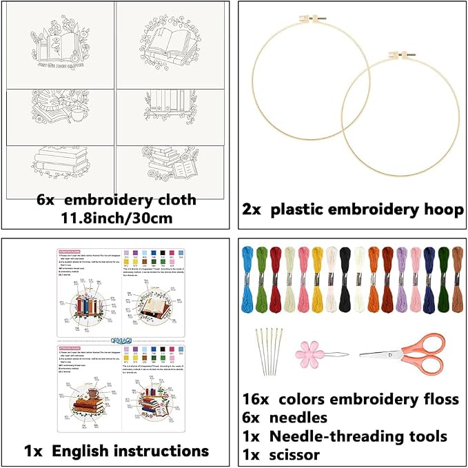 ORIGACH 6 Pack Book & Flower Embroidery Kits for Beginners, DIY Starter Hand Embroidery Kit with Floral Books Patterns and Instructions for Book Lover Adults Women Crafting