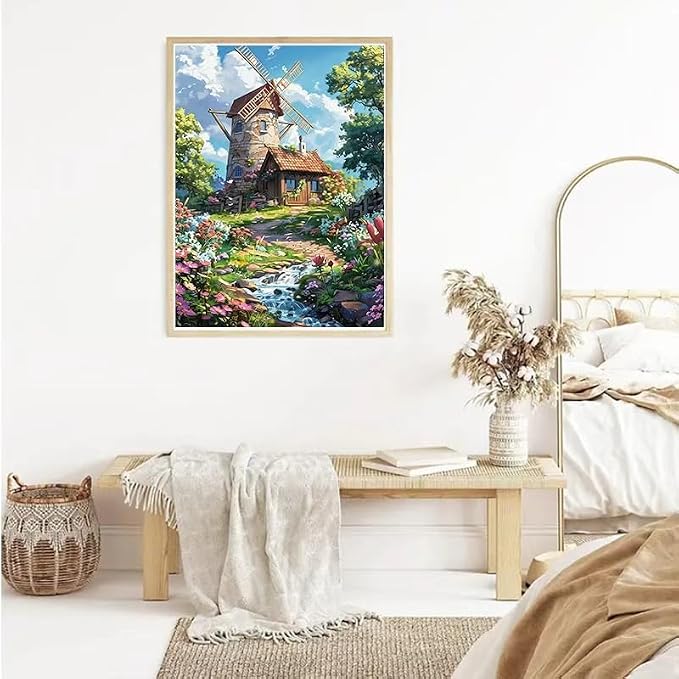 YUXUANKANG Diamond Painting Kit, Windmill Cottage Floral Landscape, 12x16 Inch, DIY Craft Activity, Resin Diamonds, Adult