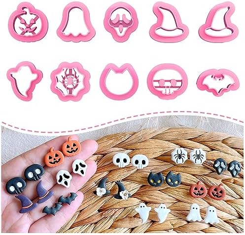 KEOKER Halloween Polymer Clay Cutters - 10 Shapes for Jewelry, Earrings, Pumpkin - Studs Included