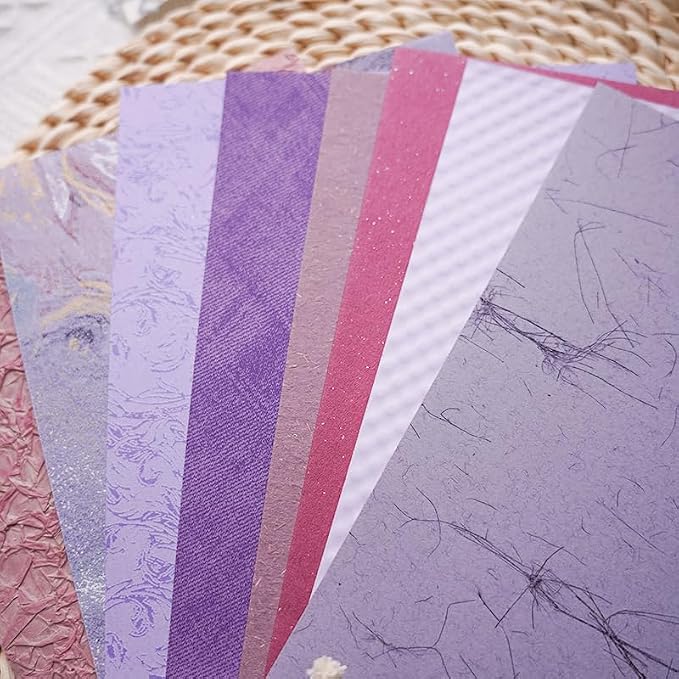 15Pcs Handmade Scrapbook Art Paper Craft Textured Colorful A5 sheet Mesh Special Paper Mix for Scrapbooking Junk Journal Journaling Supplies DIY Materials,5.8x8.2 inches (Purple)