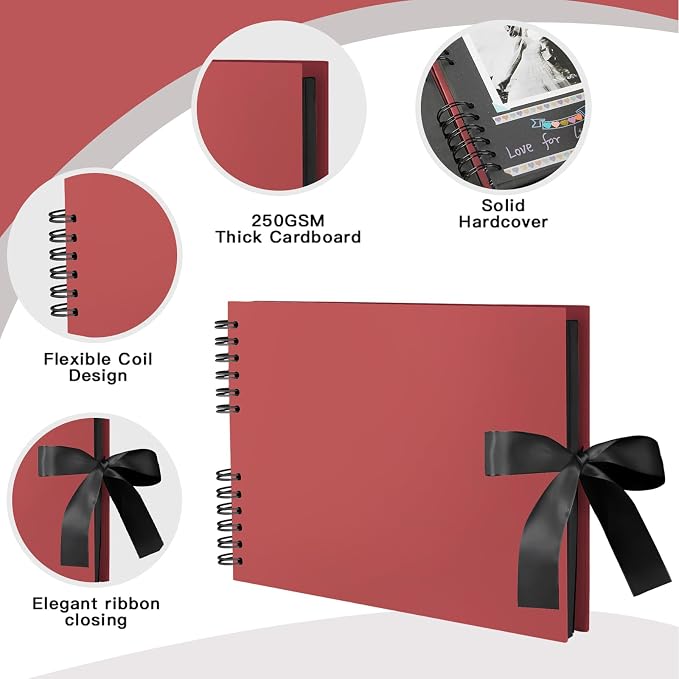 EVNEED 11.5 x 8.5 Inch Scrapbook Photo Album,Wedding Guest Book Anniversary Memory Scrapbooking,Wedding Photo Album with DIY Accessories Kit for Craft Paper DIY,80 Pages (40 Sheets),Red