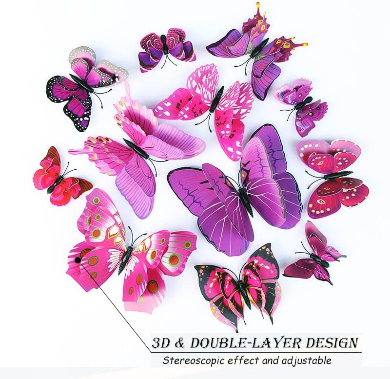 OPSEAM 3D Butterfly Wall Decor Butterfly Decorations Stickers with Magnets | 72 PCS Purple,12 Styles Double Layer Butterfly for Classroom Decoration,Locker Refrigerator, Reusable,Waterproof
