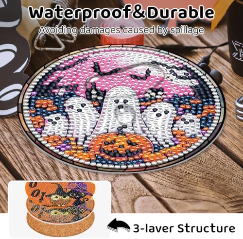Halloween Diamond Art Coaster Kit with Holder, 8PCS Spooky Diamond Painting