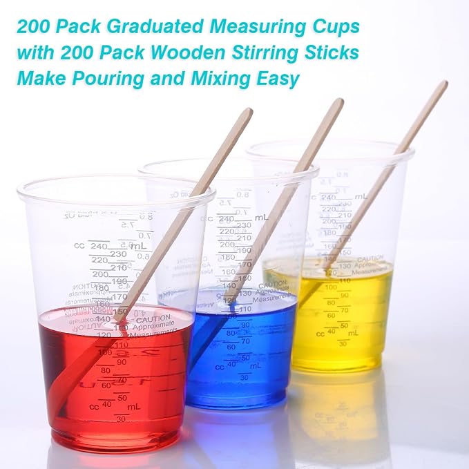 200Pcs 8oz Graduated Clear Plastic Measuring Cups | Disposable Mixing Cups with Wooden Stirring Sticks for Mixing Paint Pigments Epoxy Resins Resins