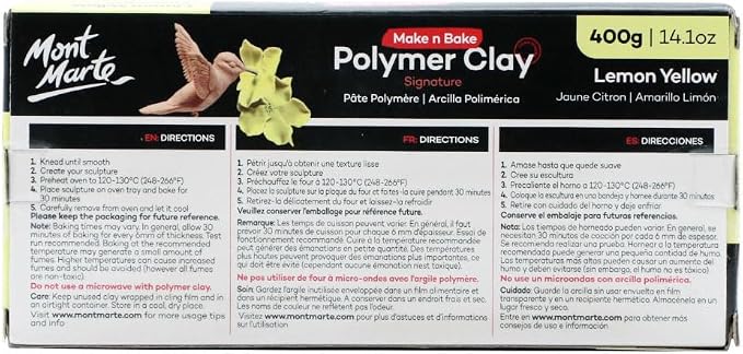 Mont Marte Make n Bake Polymer Clay Signature Lemon Yellow 400g (14.1oz) Block, Bake in Oven, Soft and Smooth, Sculpting, Craft, DIY Décor, Jewelry