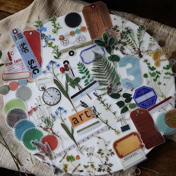 CATaireen Vintage Junk Journal Ephemera Scrapbooking Supplies Translucent Vellum Paper Stickers Card Making Decal Art Aesthetic for Adults (Ephemera Botanical)